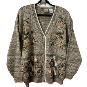 Vintage Huntington Ridge Cardigan Womens L 3D Knit Floral Gray Granny Cottage